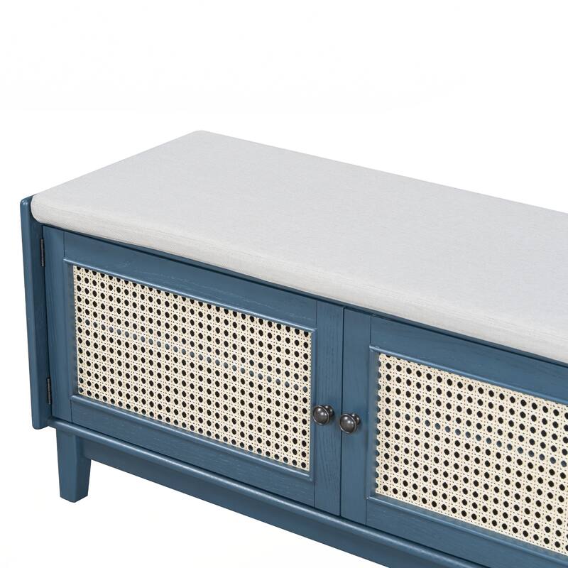 Rattan Entryway Bench with Storage, Cushioned Shoe Bench with Double Doors