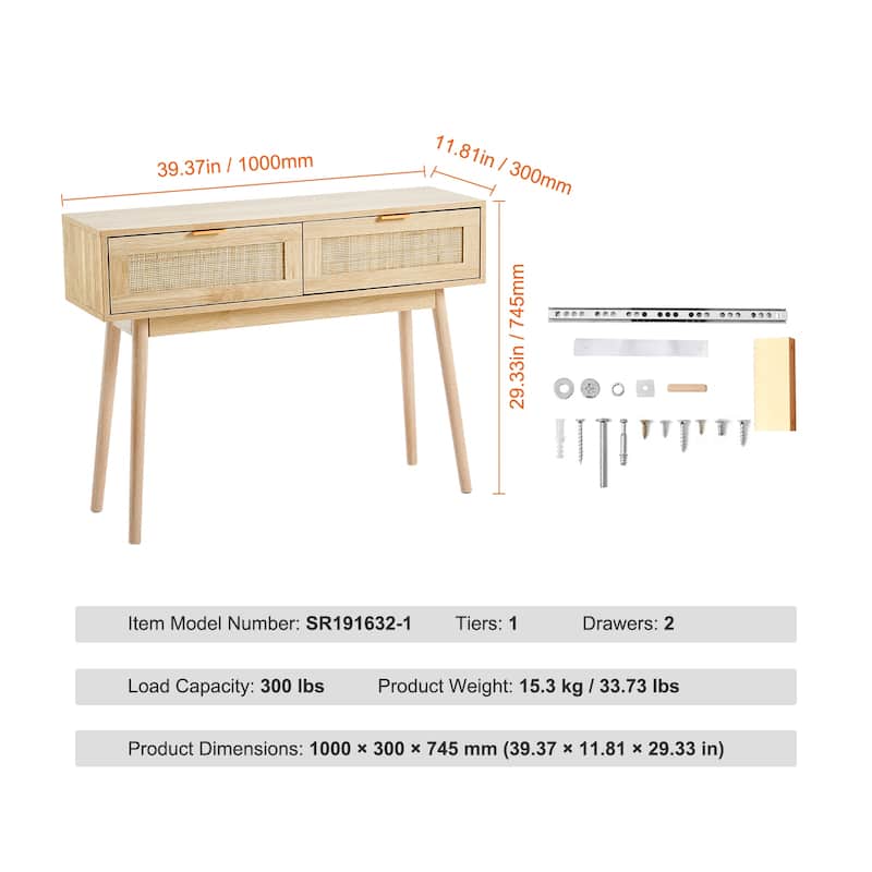 Rattan Console Table with 2 Storage Drawers, Rattan Entryway Table with Natural Rattan Sliding Door, Console Sofa Table