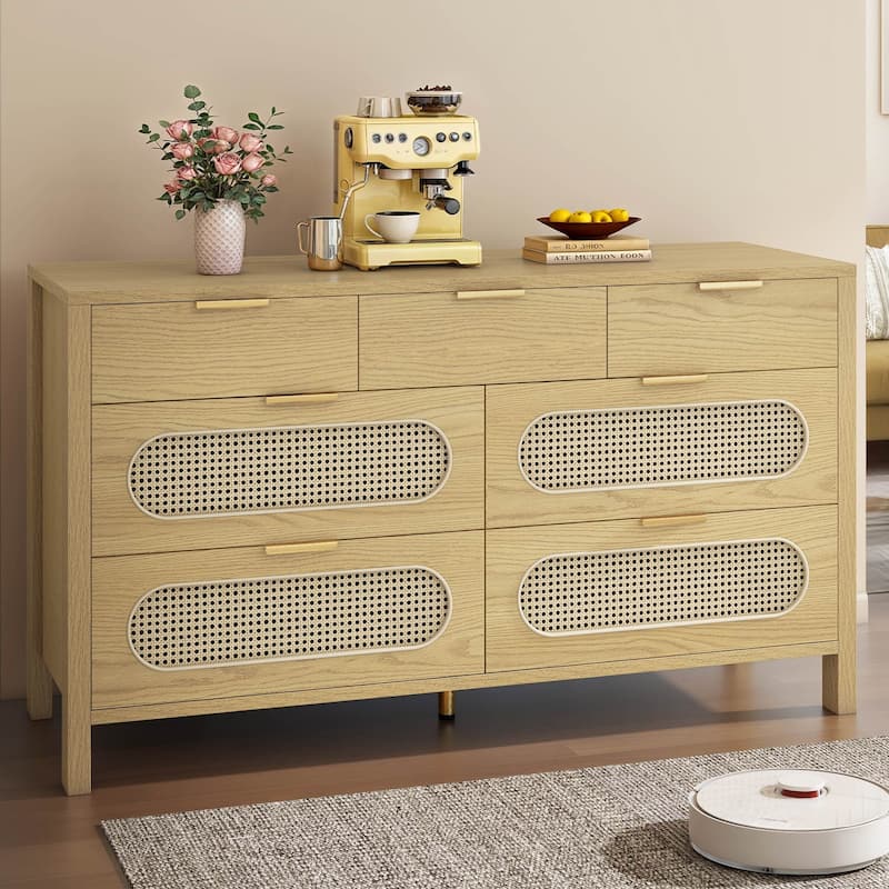 Moasis 4-6-Drawer Dresser Chest Drawer Storage Cabinet Rattan Wood Closet - Natural - 7-drawer