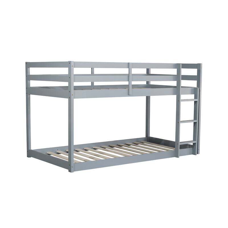 Wooden Twin over Twin Floor Bunk Bed with Ladder ,Upper and Bottom Bed Platforms