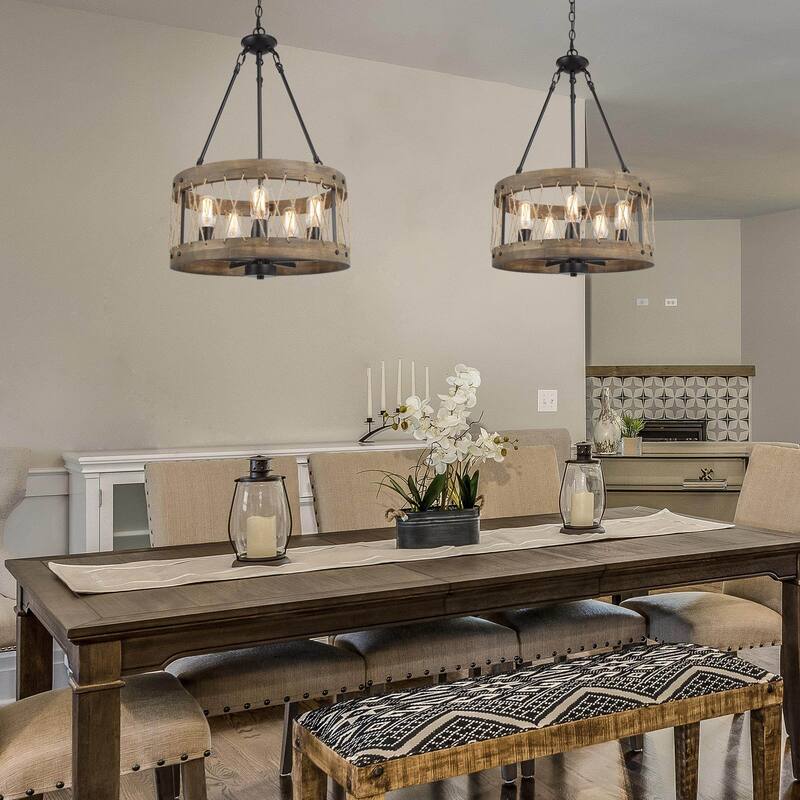 Modern Farmhouse 5-Light Wood Drum Black Metal Rustic Chandelier for Dining Room