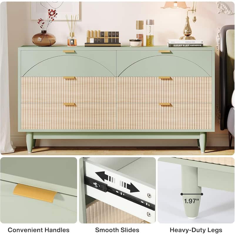 55 Inches Dresser for Bedroom, Green Long Double Dresser Organizer Wood Cabinet