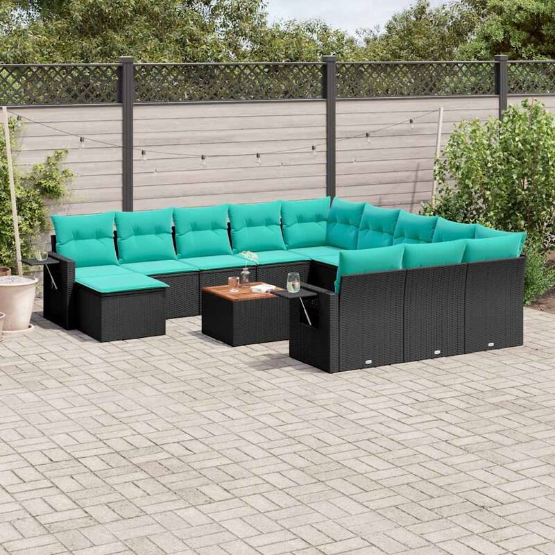 vidaXL 13 Piece Patio Sofa Set with Cushions Black Poly Rattan - 24.4" x 24.4" x 27.2" - Black and blue