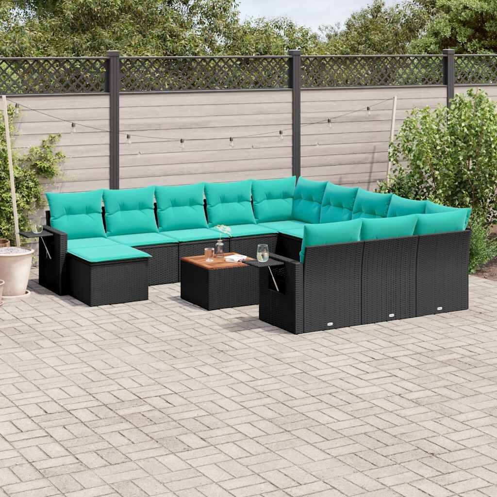 vidaXL 13 Piece Patio Sofa Set with Cushions Black Poly Rattan - 24.4" x 24.4" x 27.2"