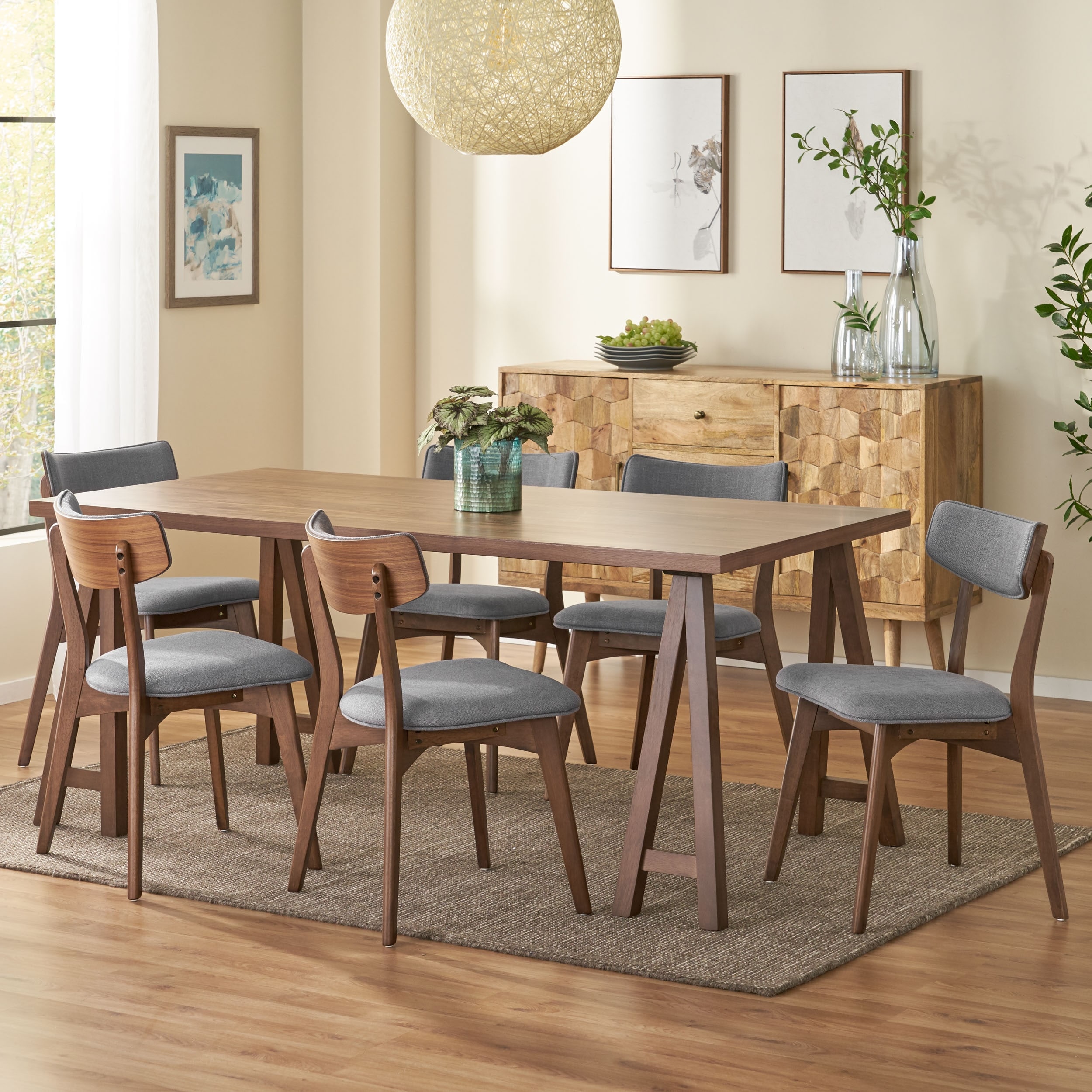 Christopher Knight Home - Chazz Mid-Century Modern 7 Piece Dining Set with A-Frame Table & Upholstered Dining Chair