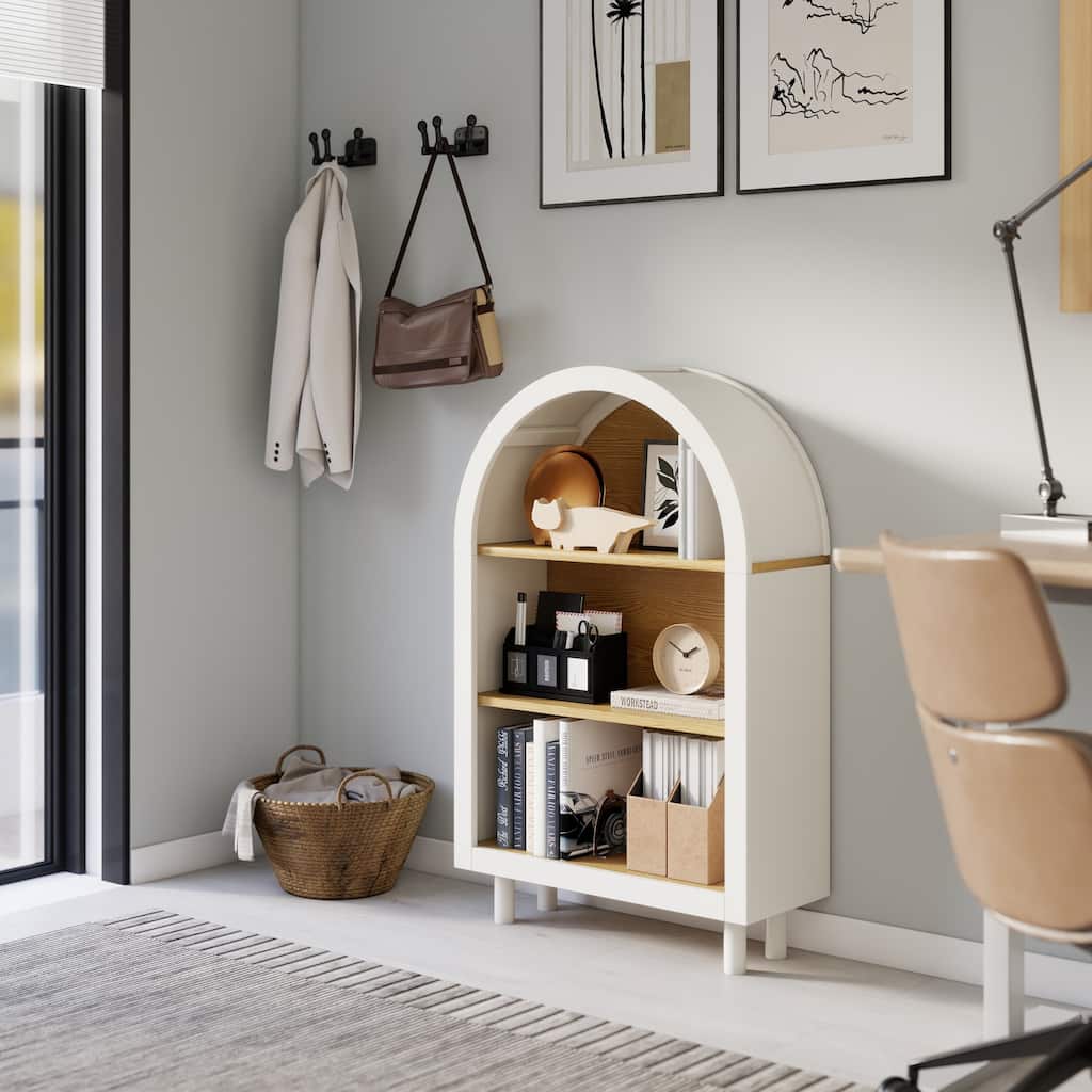 Anmytek Arched 3-Tier Bookcase, White with Woodgrain Shelves, Modern Storage Cabinet for Living Room Bedroom Entryway