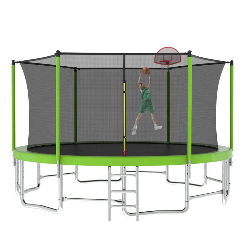Outdoor Kids Trampoline with Basketball Hoop and Ladder, with Safety Enclosure for Backyard Fun