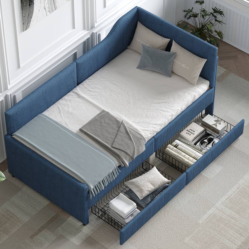 L-Shaped Daybed,Upholstered Bed Frame with 2 Storage Drawers