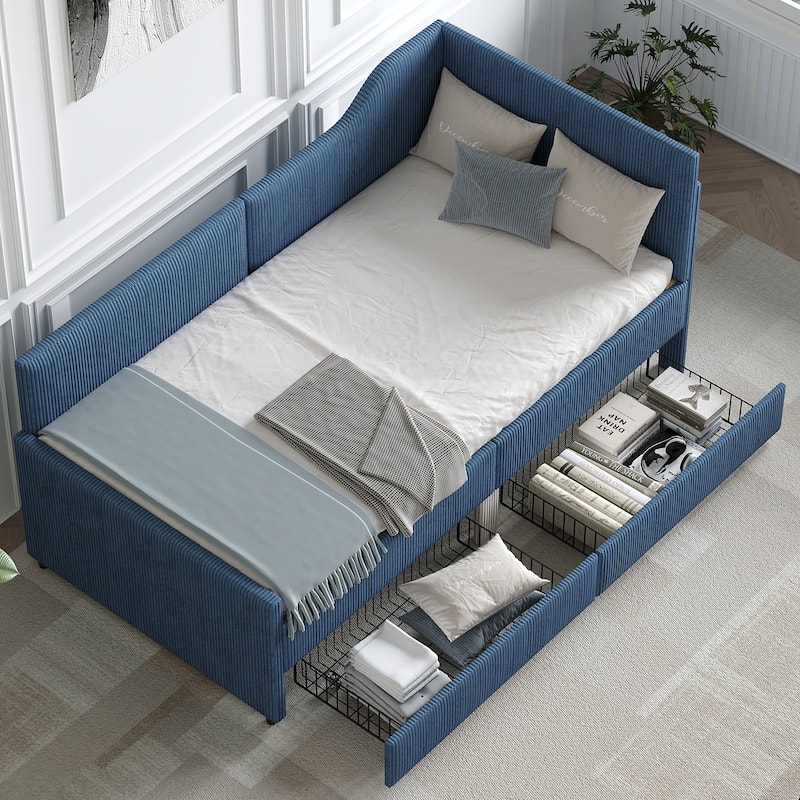 L-Shaped Twin Daybed with Storage Drawers, Corduroy Upholstered Frame, Blue