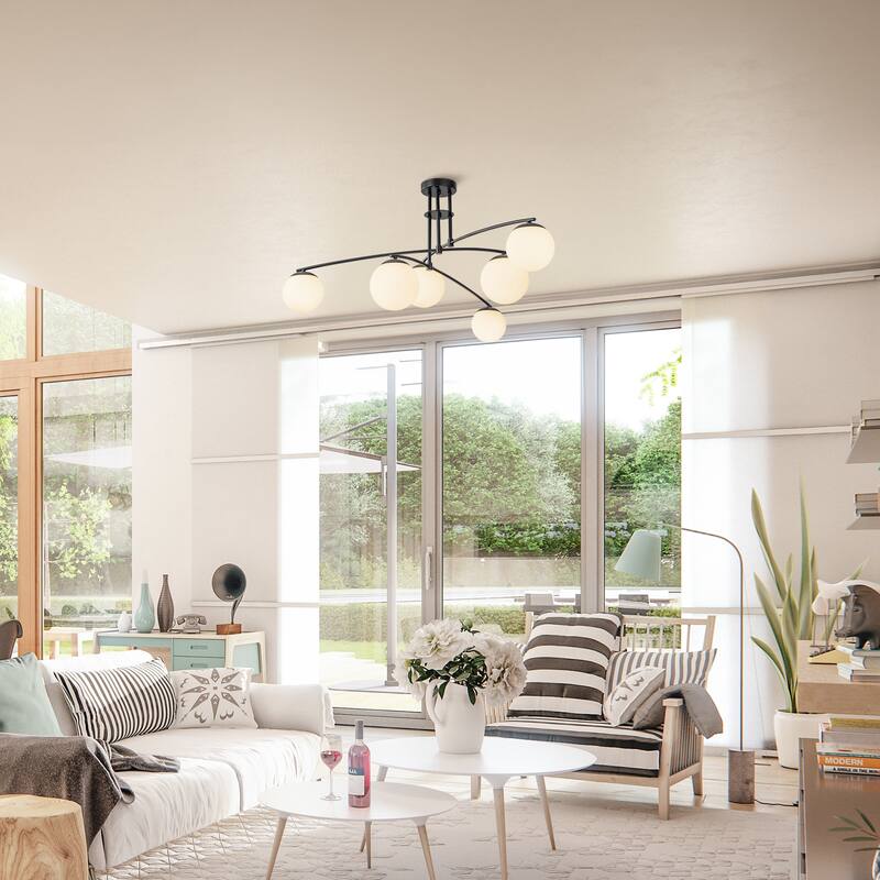 Jerricha 6-Light Modern Sputnik Linear Opal Frosted Glass Globe Bubble Semi-Flush Mount Light
