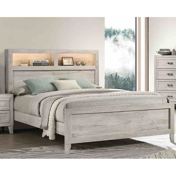 Modern White Wash Finish Bed Headboard Shelves w/ Light 1pc