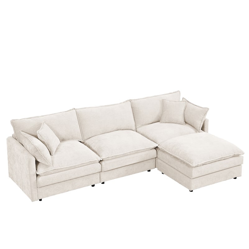 Chenille Chaise Sectional Sofa with Ottoman and 3-layers Cushions