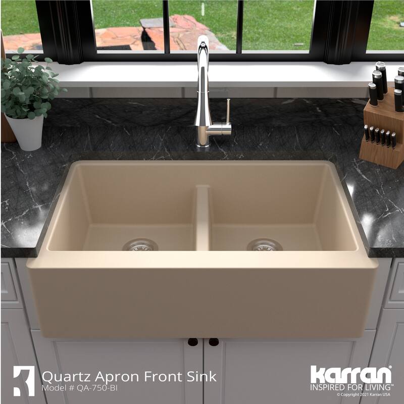 Karran Farmhouse Apron Front Quartz Double Bowl Kitchen Sink Kit