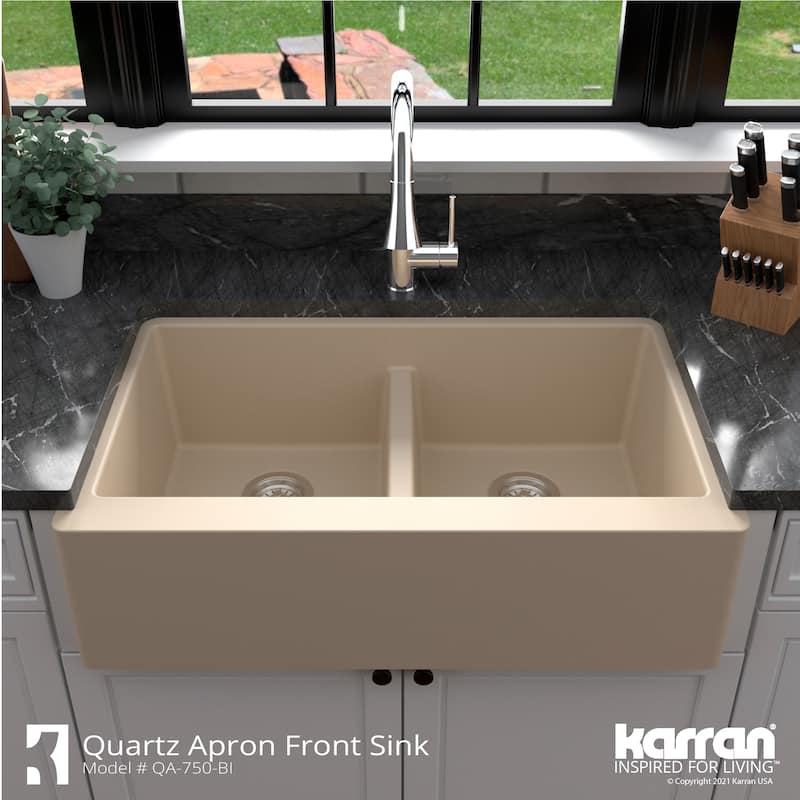 Karran Farmhouse Apron Front Quartz Double Bowl Kitchen Sink