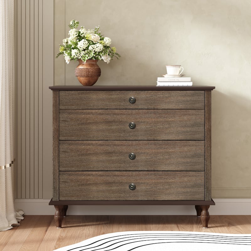 4-Drawer Accent Chest Wooden Dresser Nightstand for Bedroom - Deep Rustic Brown - 4-drawer