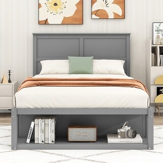 Unique Casual Design Wood Platform Bed with Foot Side Shelf and 2 Drawer, Full Size, White