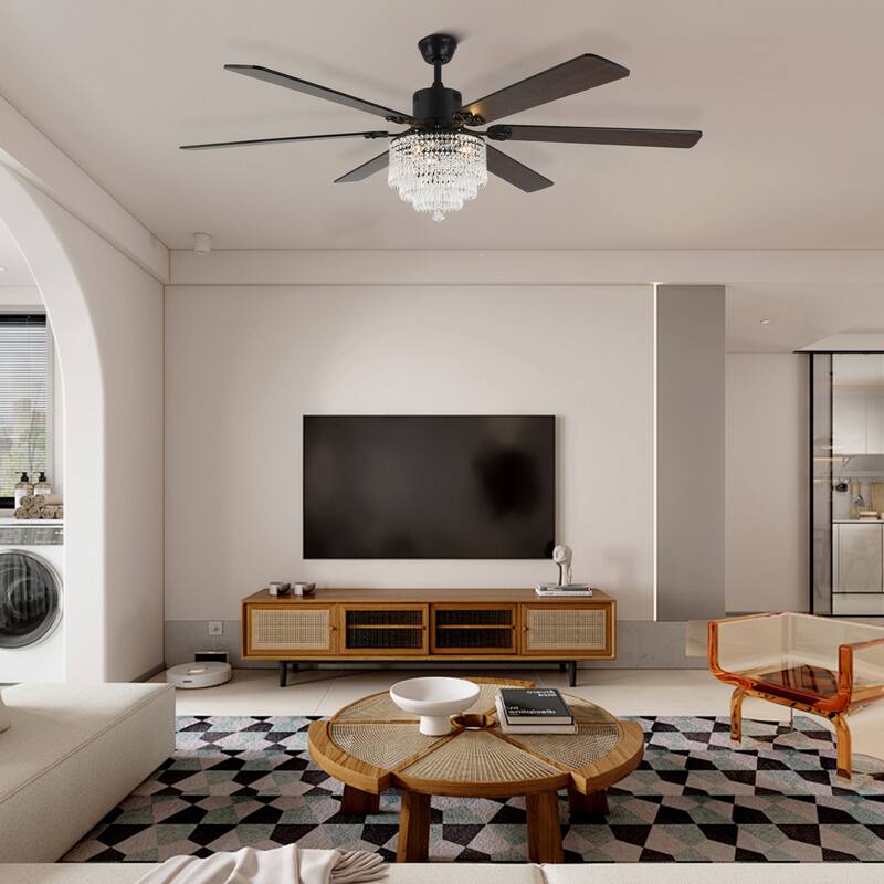 CurveCurio 65" Lagre Ceiling Fan w Crystal Light Shade and Wood Blades, Quiet DC Motor w Remote For Large Room - 65" * 65" * 26"