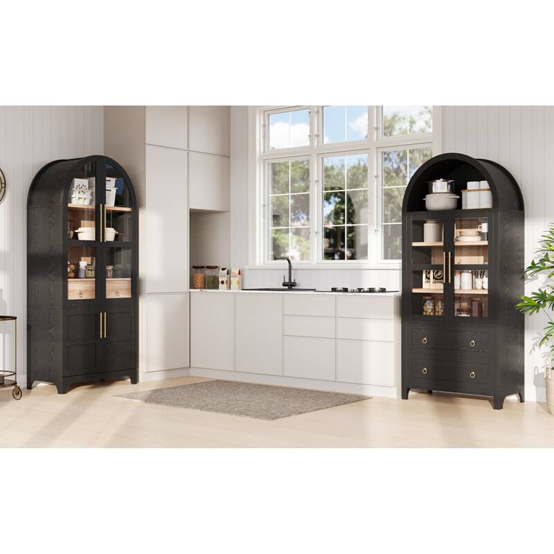 Roomfitters 71" Tall Arched Kitchen Pantry Cabinet with Glass Doors, Hidden Drawer & 4 Door Shelves