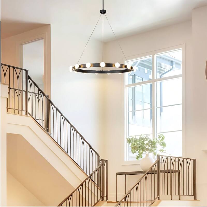 Rezz Black Modern Wagon Wheel LED Large Chandelier - 33.86 in. W x 32.68 in. H x 33.86 in. D