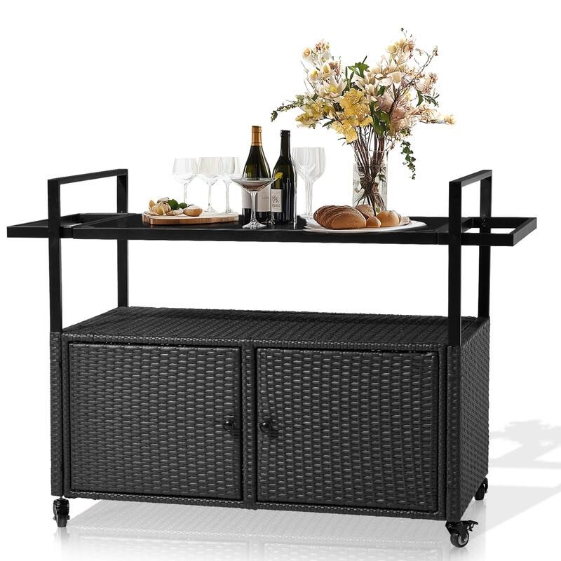 51*20*35.5inch Outdoor Bar Cart Table, Large Wicker Island Rolling Cart, Wheeled Buffet Serving Cart, Black