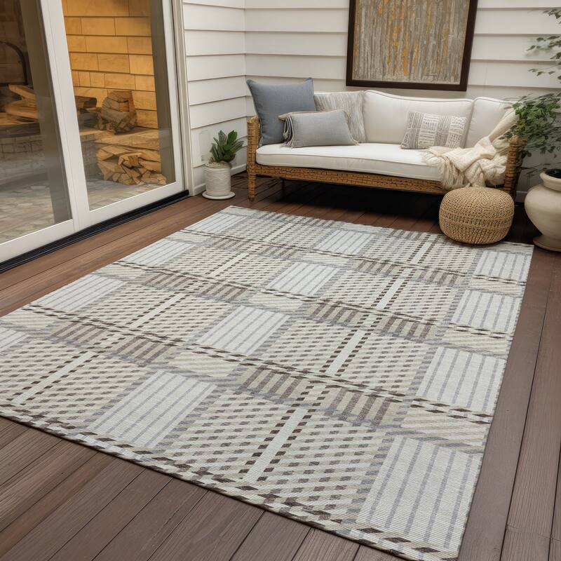 Machine Washable Indoor/ Outdoor Geometric Stripe Chantille Rug - Ivory - 9' x 12'