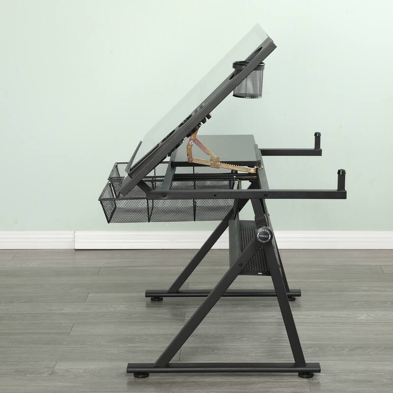 black adjustable tempered glass drafting printing table with chair
