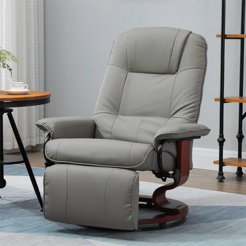 Swivel Leather Manual Recliner with Armrest and Extendable Footrest - Gray