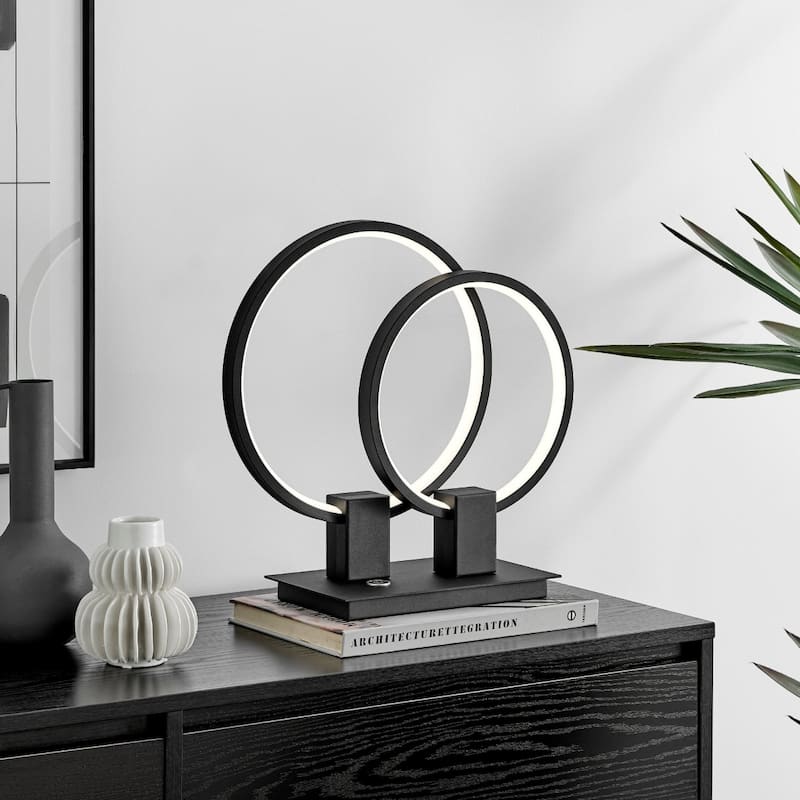 Black Metal Double Circle LED Table Lamp with Touch Switch and Dimmer - 6” x 15” x 15” (D x W x H)