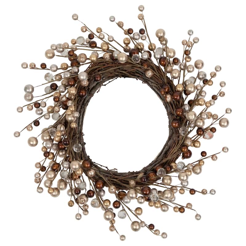 Burgundy Silver Ball Christmas Ornament Twig Wreath, 20-Inch, Unlit