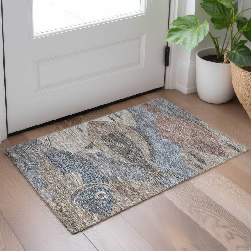 Machine Washable Indoor/ Outdoor Modern Fish Chantille Rug