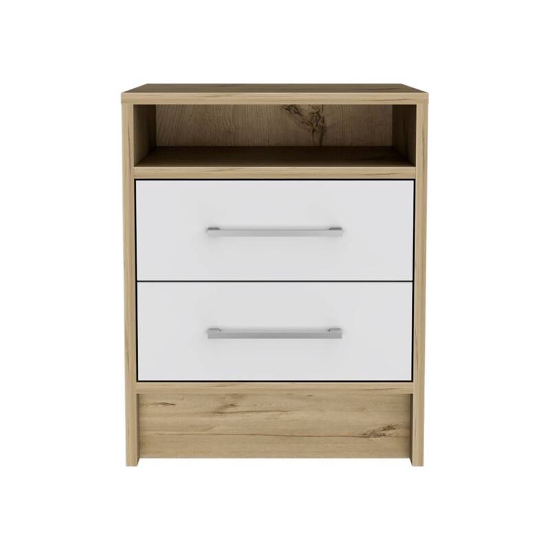 Modern Nightstand with Two Drawers and Top Shelf, White and Light Oak Finish