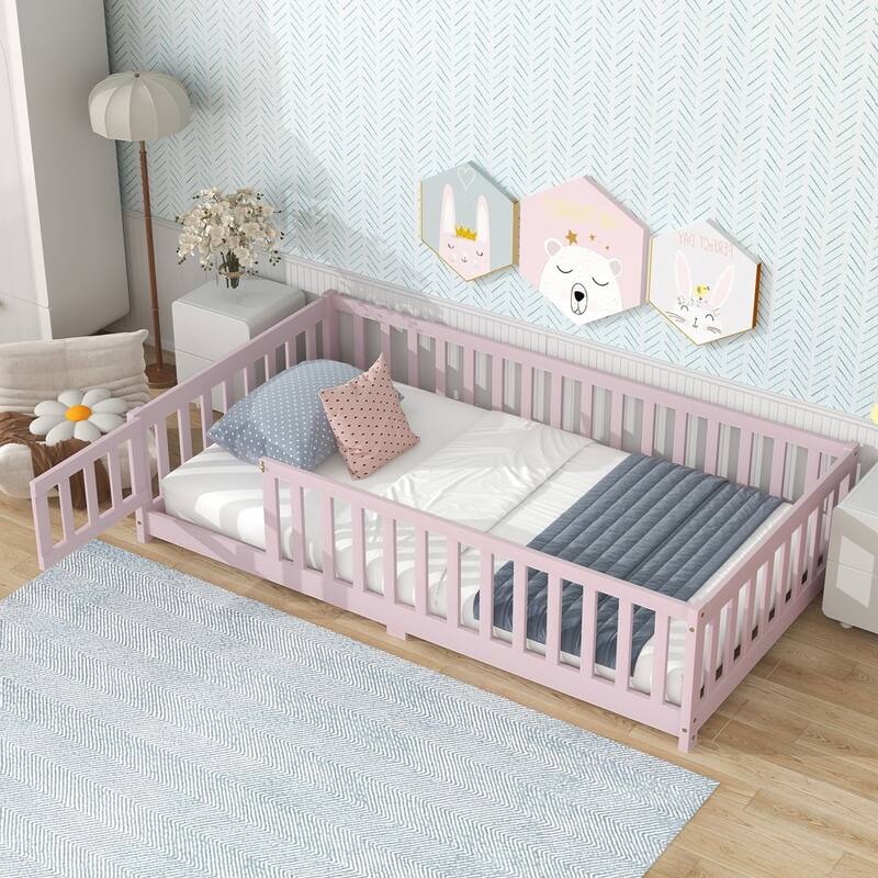 Rubber Wood Floor Bed with Safety Guardrails