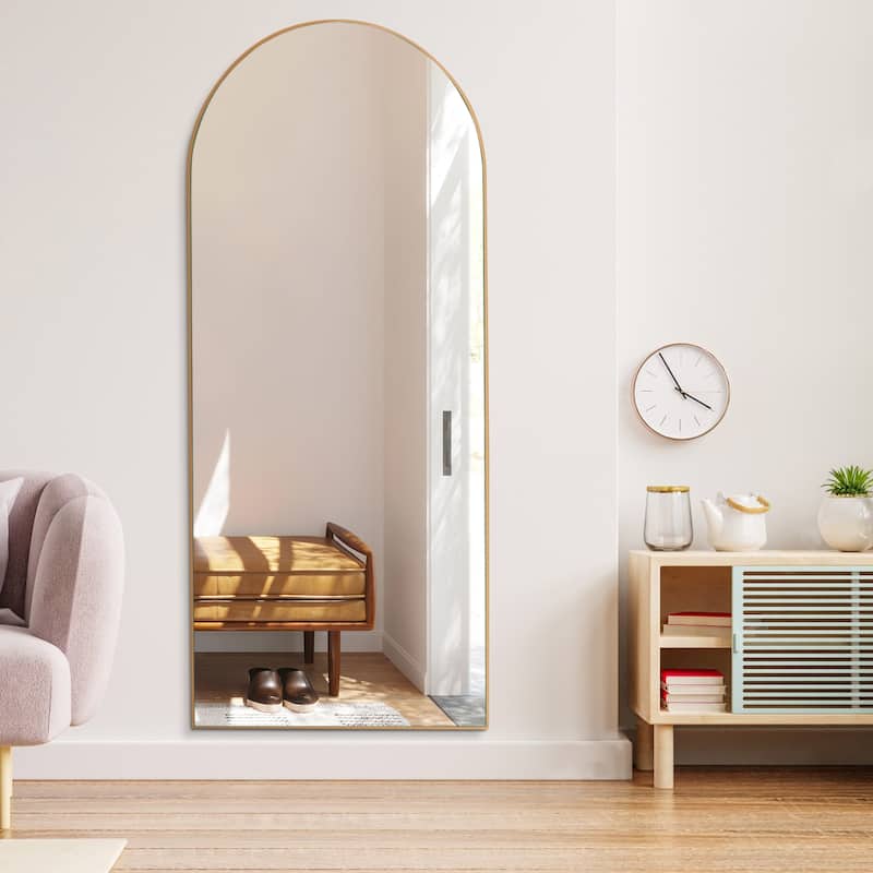 Arched Floor Mirror With Stand,Wood Frame Full Length Mirror,Wall-Mounted Mirror