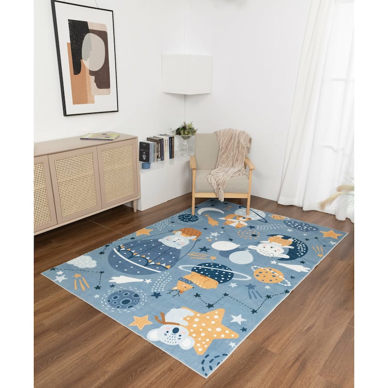 Kids Collection Stars, Planets, & Cheerful Animals Navy Rug