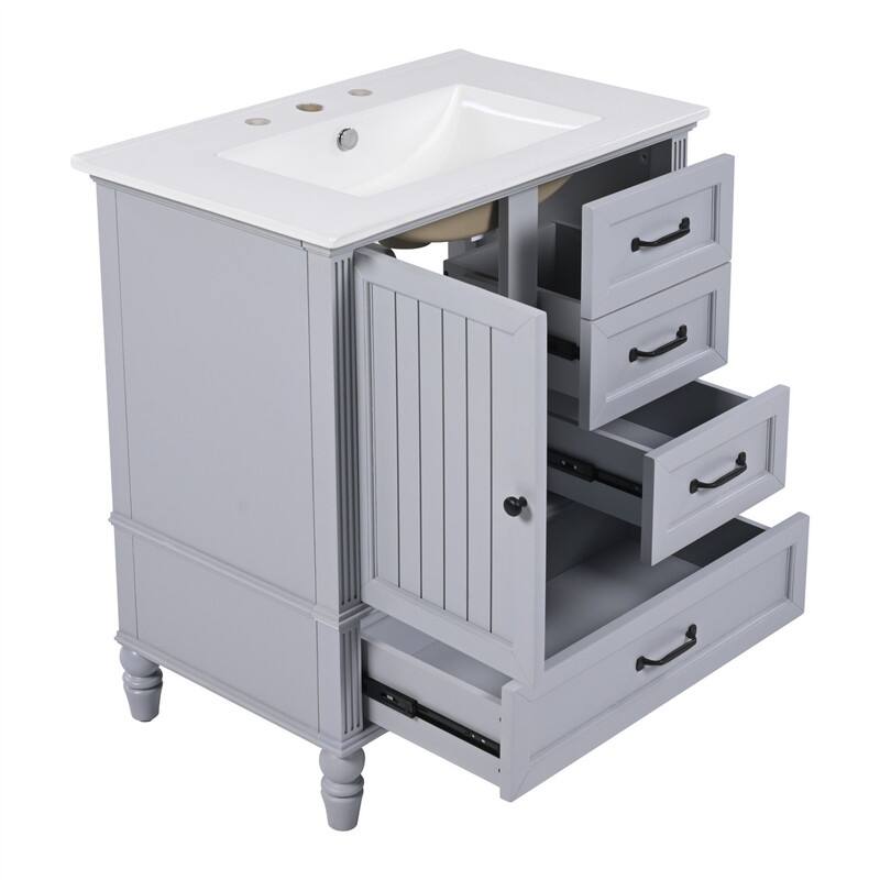 30" Bathroom Vanity with Ceramic Sink Combo, Freestanding Bathroom Vanity Cabinet with 1 Door and 3 Storage Drawers
