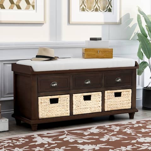 Storage Bench with 3 Drawers and 3 Rattan Baskets