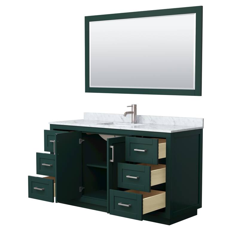 Miranda Bathroom Vanity Set, White Carrara Marble Top, 58-Inch Mirror