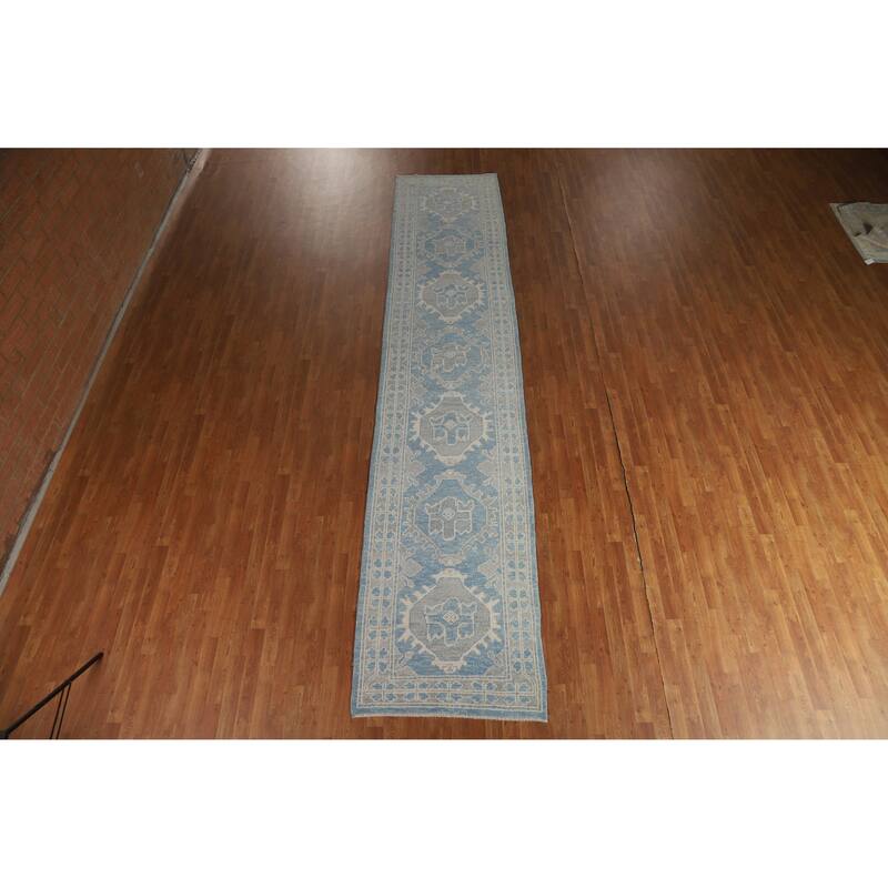 Hand Knotted Oriental 100% Wool Carpet Transitional Geometric Navy Blue & Blues Oushak Runner Rug - 15' 11'' X 3' 4''