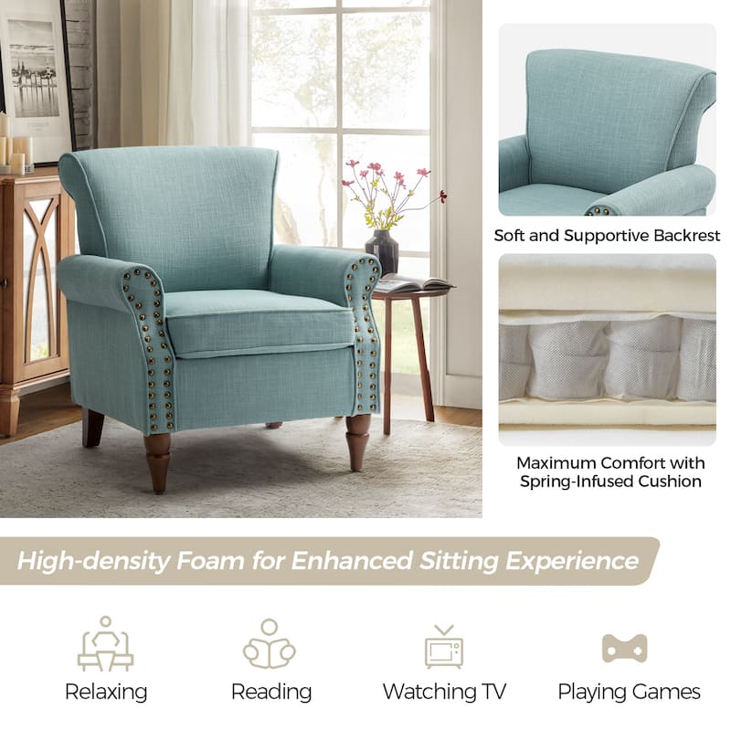 Nyctelius Upholstered Comfy Accent chair with Classic Turned Wooden Legs and Nailhead Trim by HULALA HOME