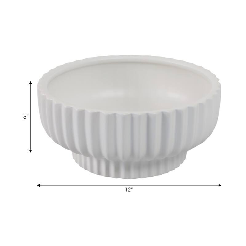 Decorative Ribbed Ceramic Bowl with Matte Finish - 12", White - 12.0"