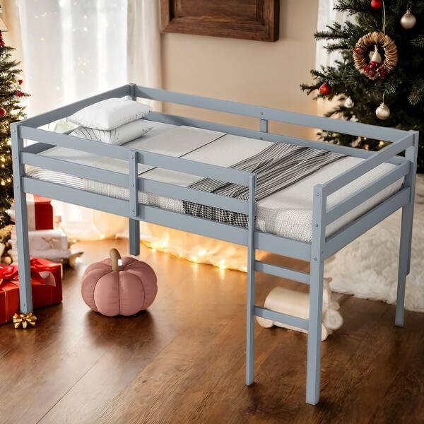slide 2 of 47, Wooden Low Height Twin Size Loft Bed with Ladder,Strengthened Slats Grey