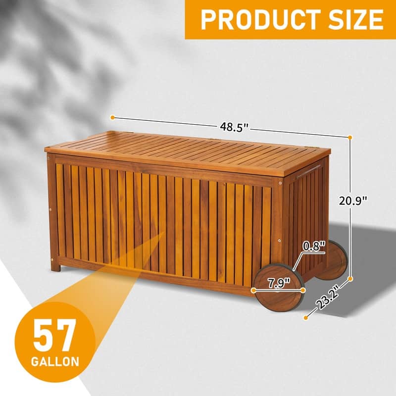 57 Gallon Acacia Wood Outdoor Wood Storage Box with 2 Wheels - N/A