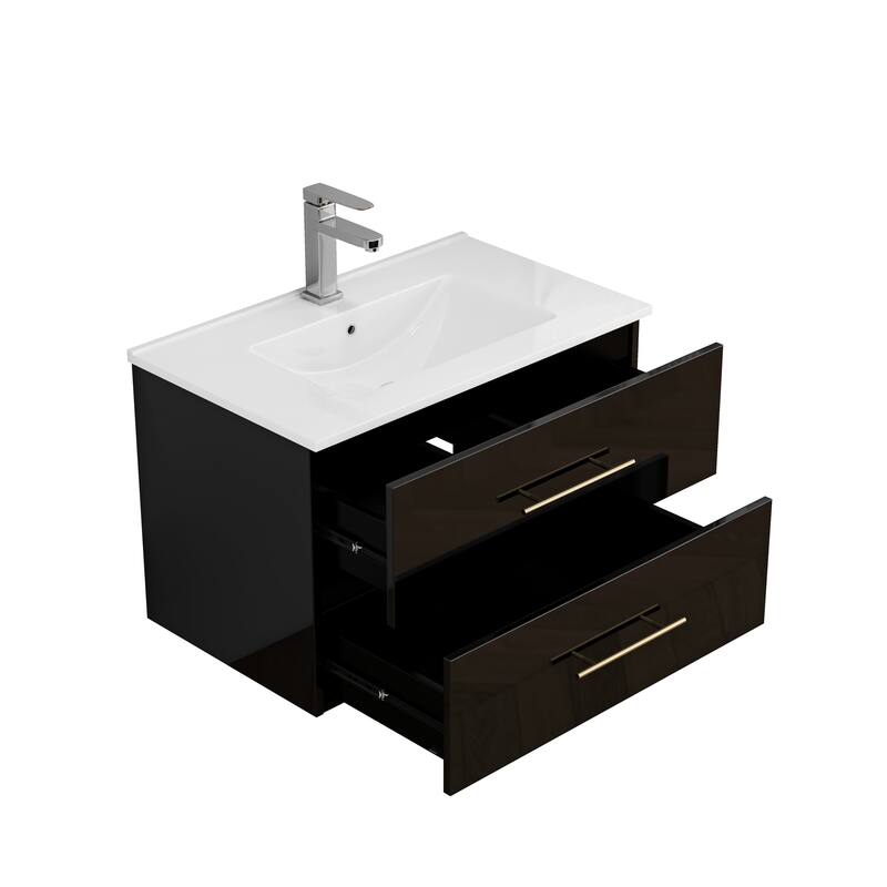30-Inch Gloss Wall-Mounted Bathroom Vanity with Sink Combo, Double Drawers,Ceramic Sink,Long Metal Handle