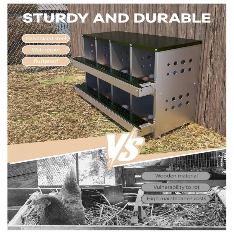 8-Compartment Chicken Nest Box with Egg Collection Tray and 8 Fake Training Eggs Red