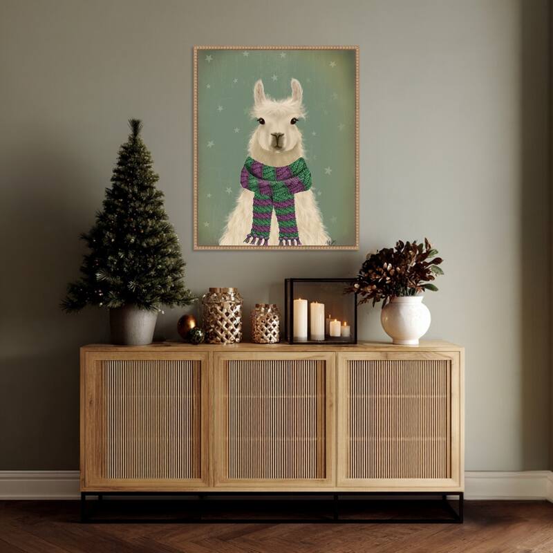 Llama with Purple Scarf, Portrait by Fab Funky (23 x 28 in.), Framed Canvas Wall Art Print - Sylvie Beaded Rustic Natural