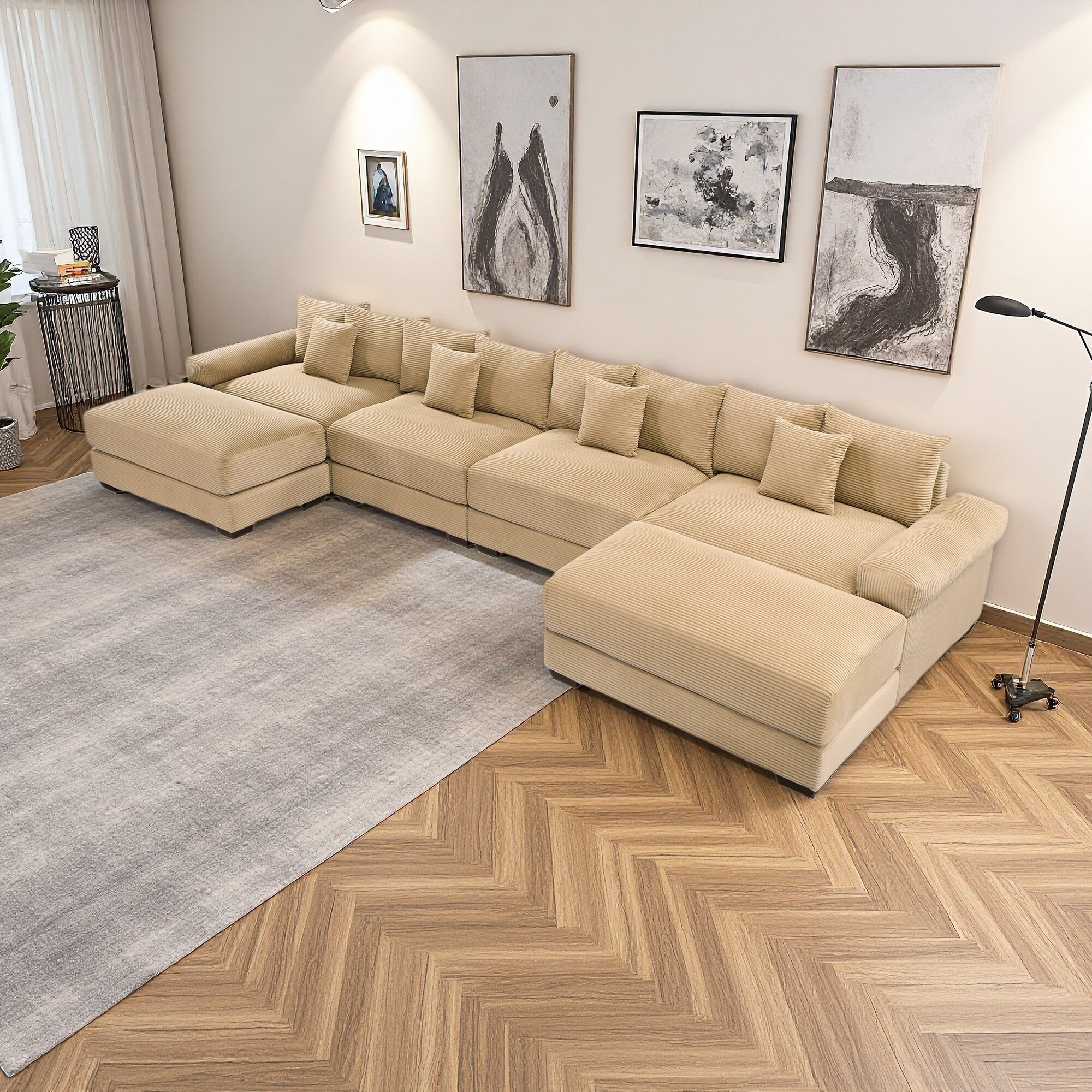 167.6" Corduroy Modular U-Shaped Cloud 4-Seater Sectional Sofa with Ottoman
