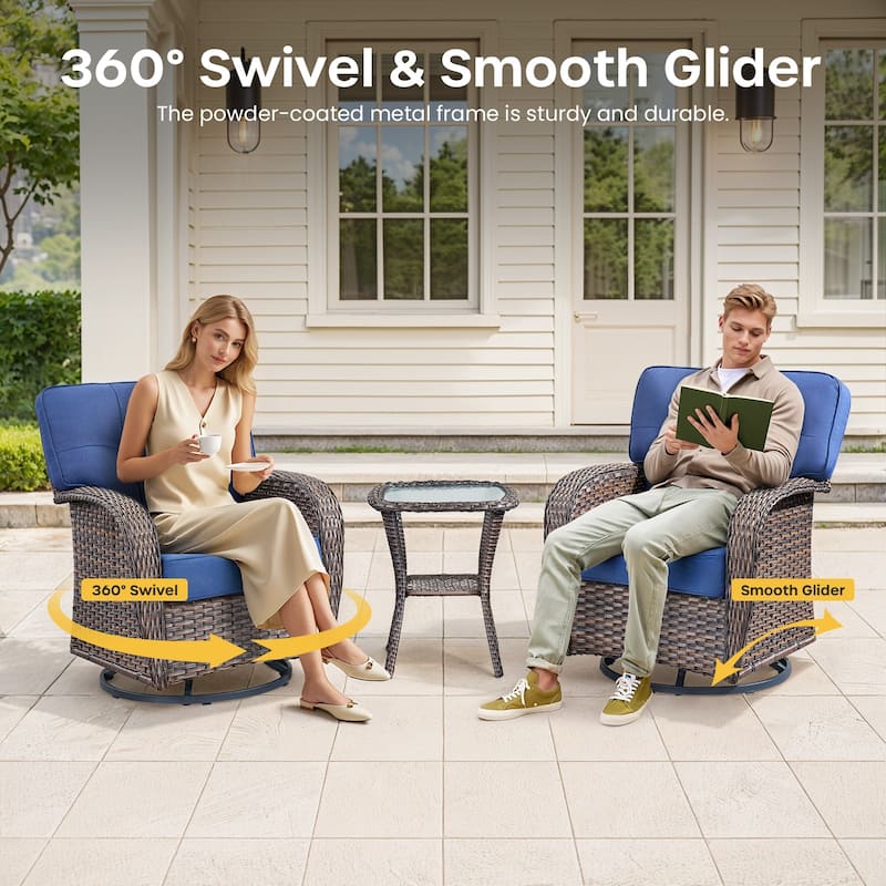 Gymojoy Wide T-Shaped High Back Swivel Glider Chairs Set with Side Table and 5-inch Cusion for Patio & Balcony