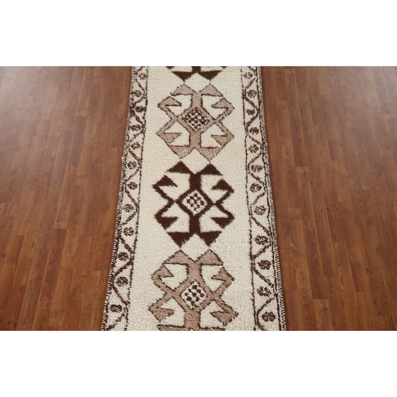 Natural Dye Beige Anatolian Runner Rug Handmade Oriental Wool Carpet - 3'4"x 11'7"
