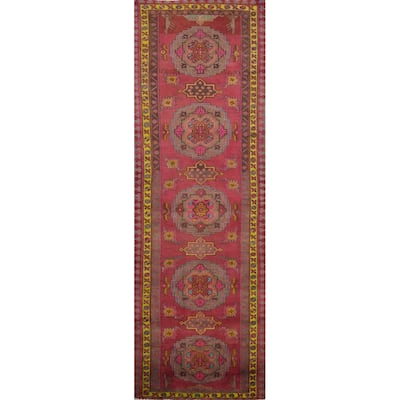 Hand Knotted Oriental 100% Wool Carpet Traditional Geometric Pink Heriz Runner Rug - 12' 10'' X 3' 2''