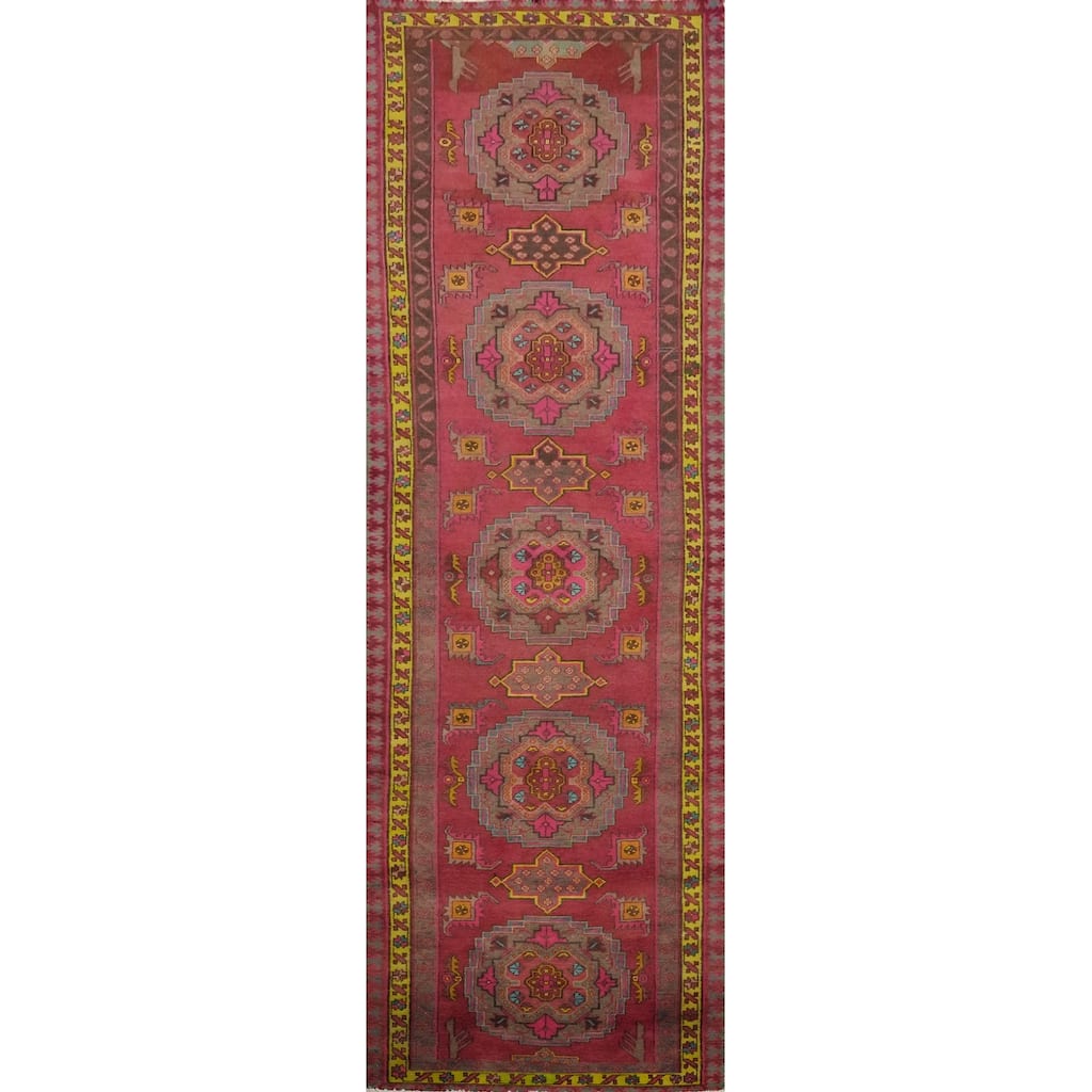 Hand Knotted Oriental 100% Wool Carpet Traditional Geometric Pink Heriz Runner Rug - 12' 10'' X 3' 2''